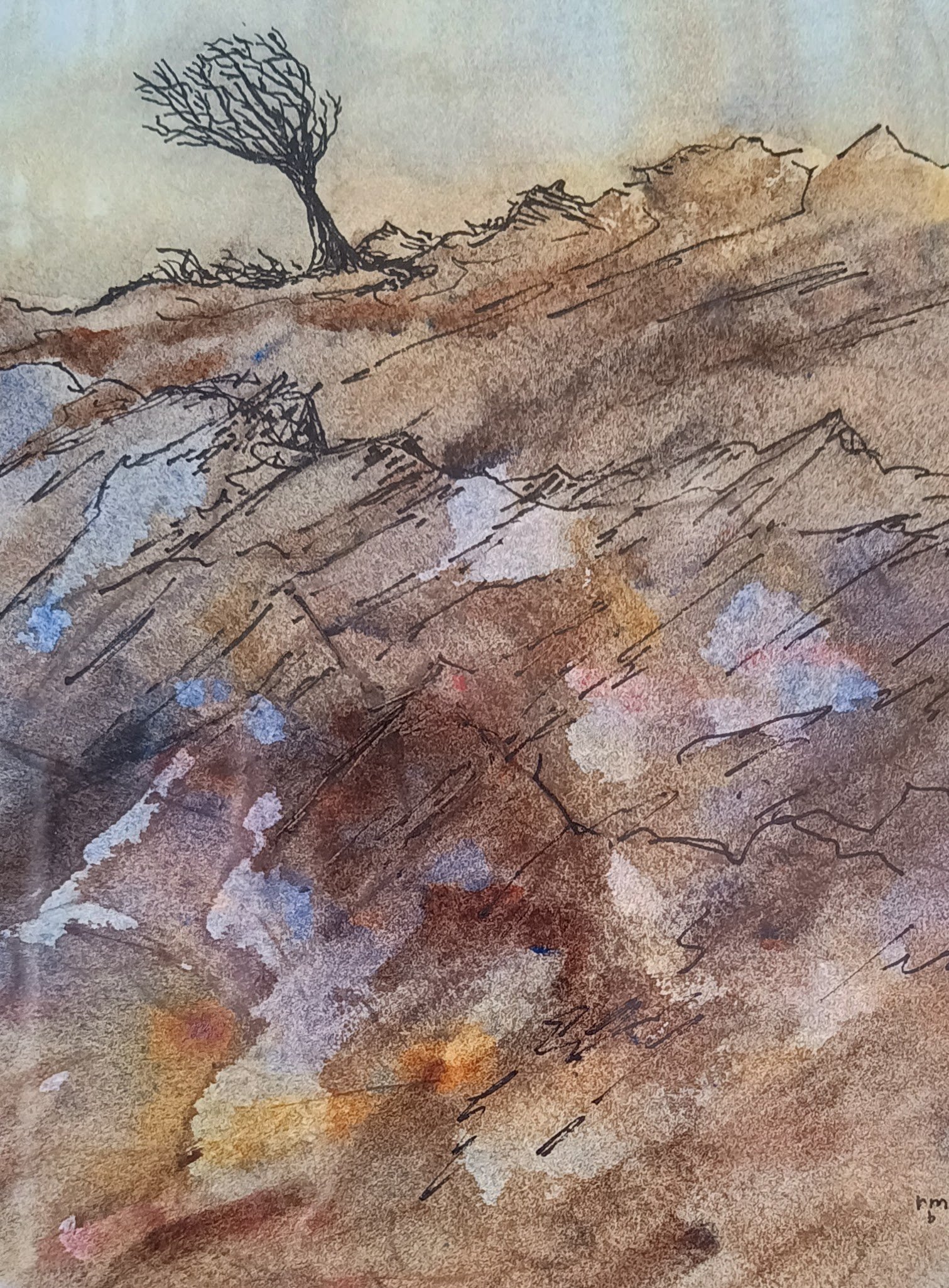 Rockface. Watercolour and pen