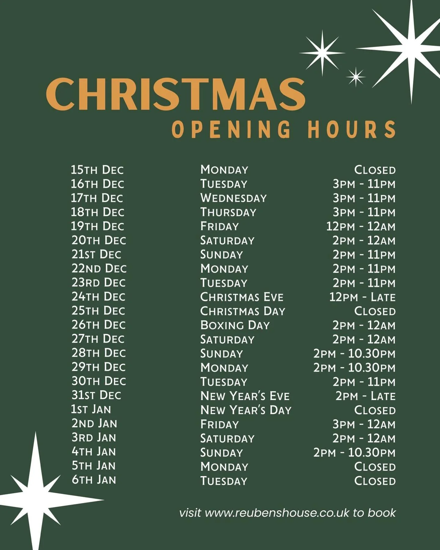 ✨ Festive Opening Hours at Reuben&rsquo;s ✨

The season for celebrating is well and truly here, and we&rsquo;re ready for it 🍸🍻

Whether it&rsquo;s Christmas catch-ups, work do drinks, cocktail nights or cosy winter pints, Reuben&rsquo;s is the pla