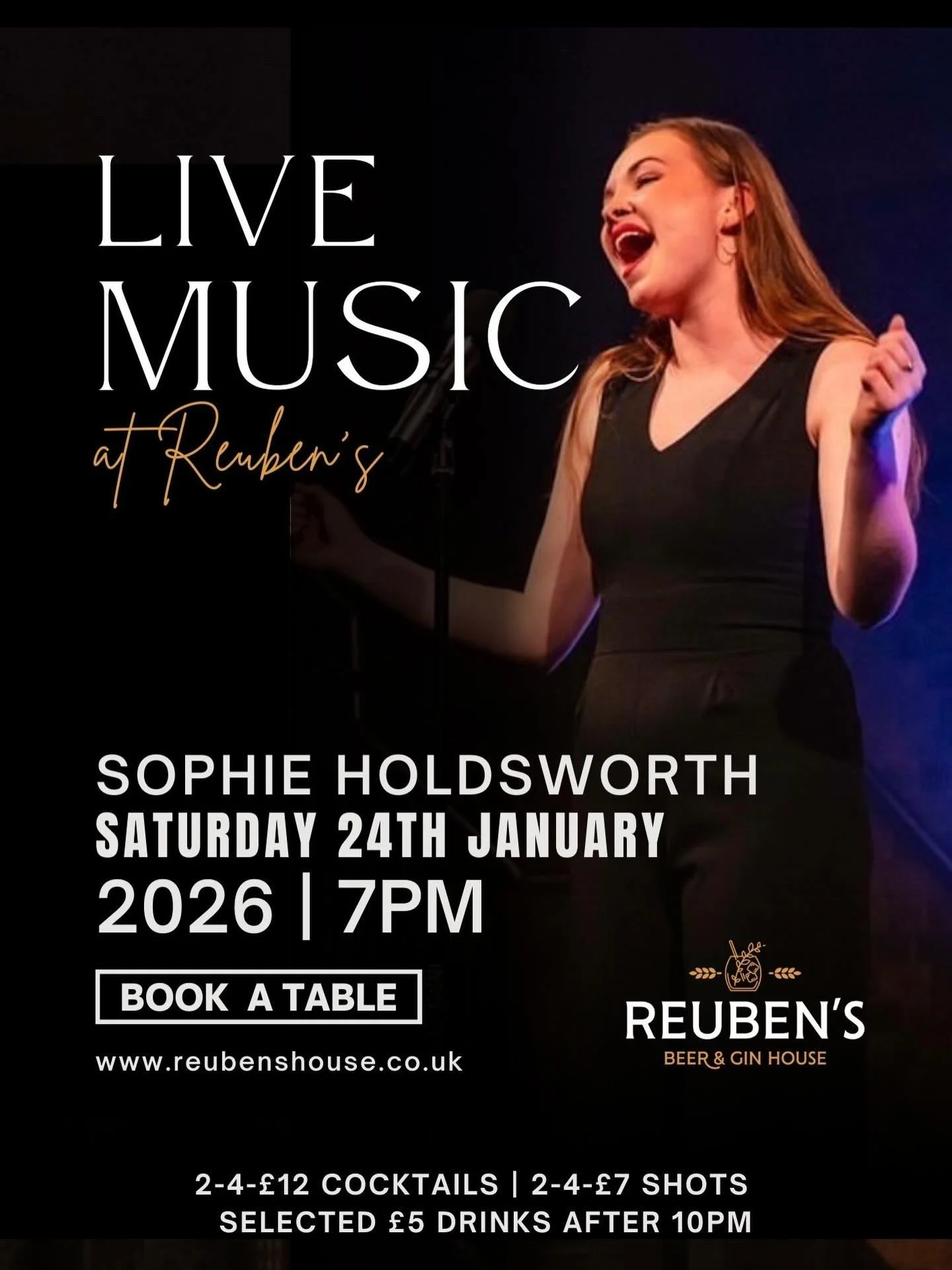 Join us on Saturday 24th January from 7pm as the brilliant Sophie Holdsworth brings the vibes to Reuben&rsquo;s ✨

Great music, cracking drinks and the perfect Saturday atmosphere 🙌🏻

Tables recommended &ndash; book via our website 🍸🍺