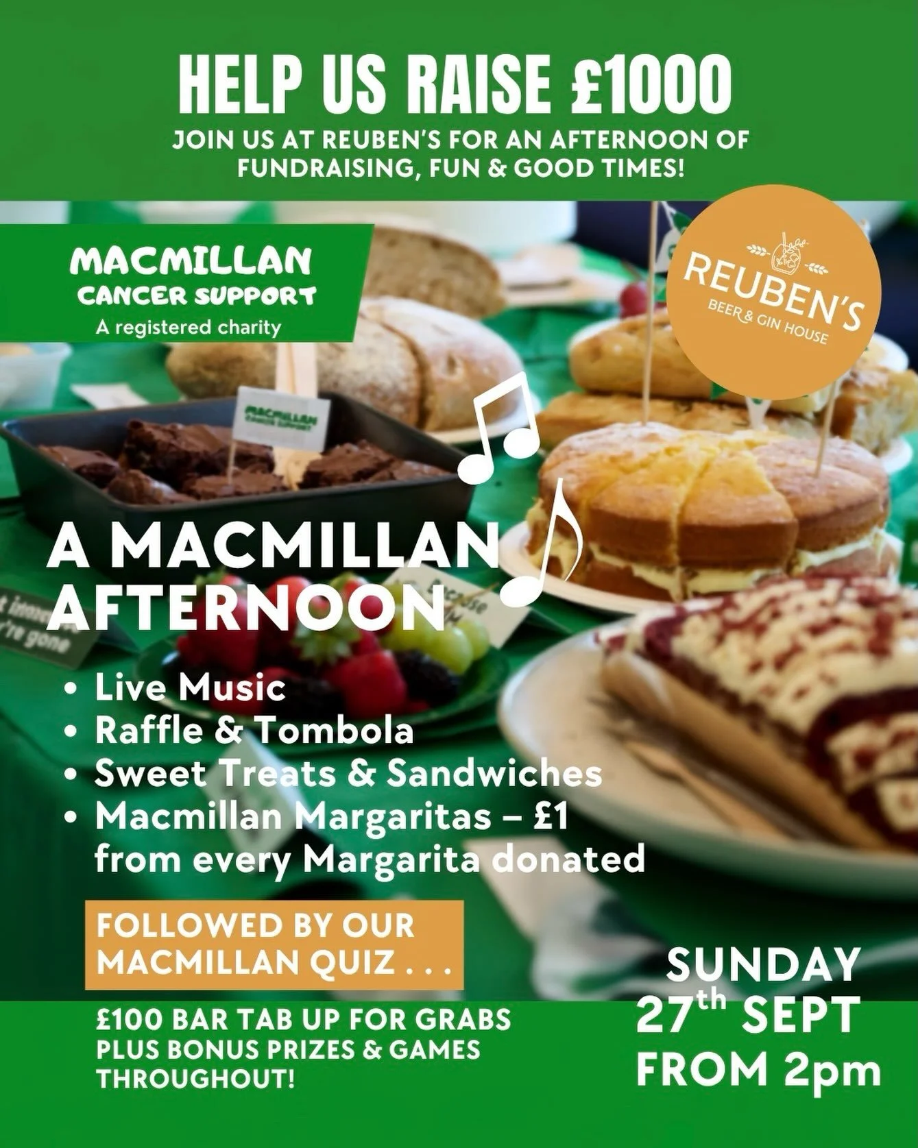 TWO WEEKS TODAY! 💚

We&rsquo;re just two weeks away from our Macmillan Afternoon at Reuben&rsquo;s, and we&rsquo;d love for you to join us for an afternoon of fundraising, fun and good times, all while raising money for an incredible cause 💚

Expec