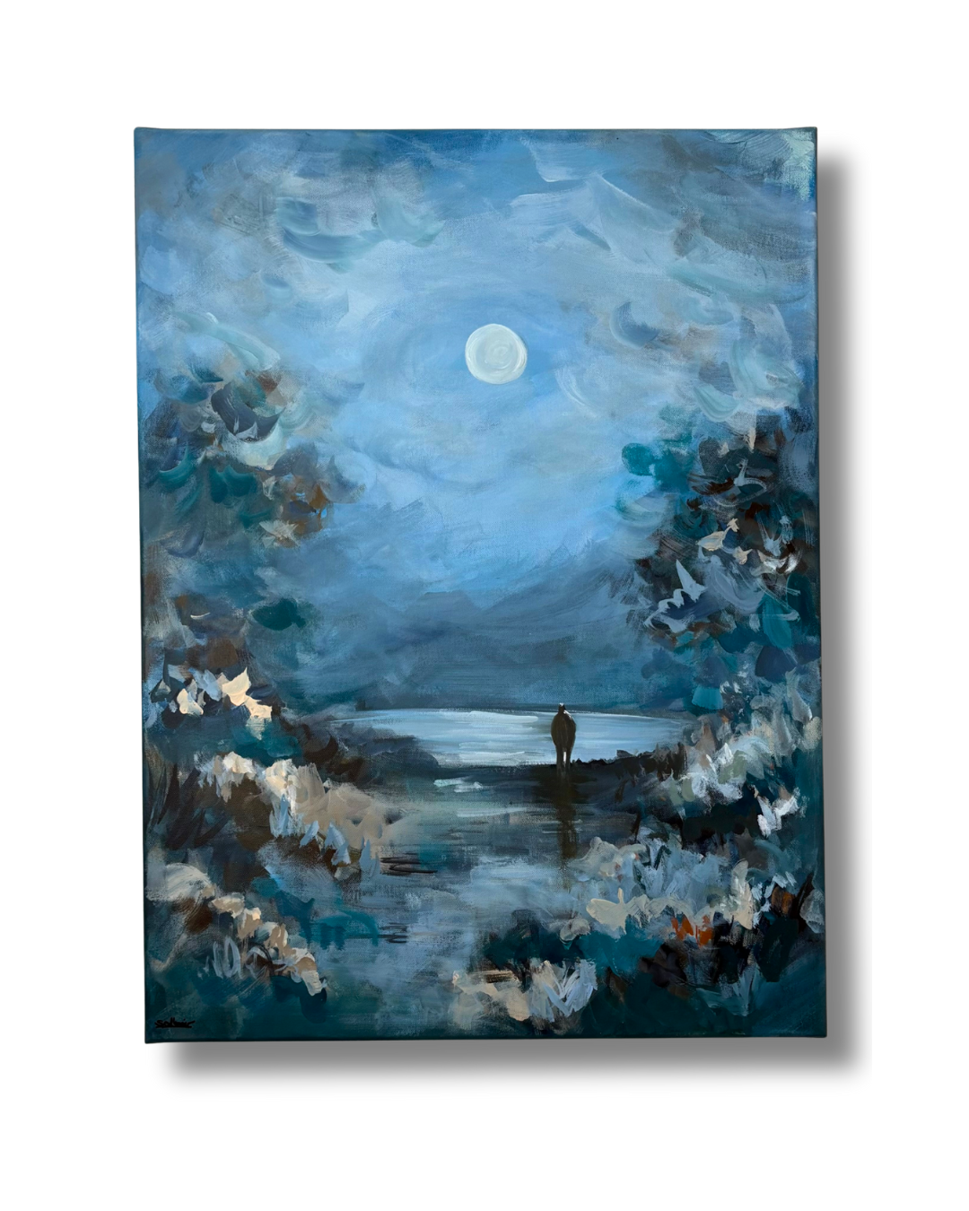 Mond, Mondschein auf stillen See, Person am stillen wasser