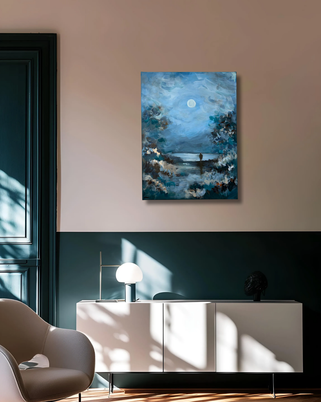 Ankunft im Dämmerraum, Kunstwerk in blautönen, Mondschein auf dem stillen See