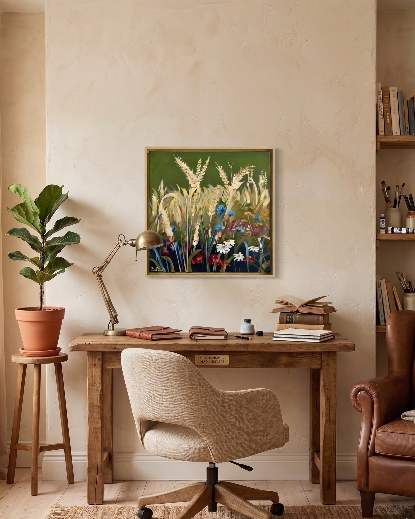 Arbeitsplatz mit einem Kunstwerk an der Wand, Geflüster des Kornfelds. Sedlmair Gerhard