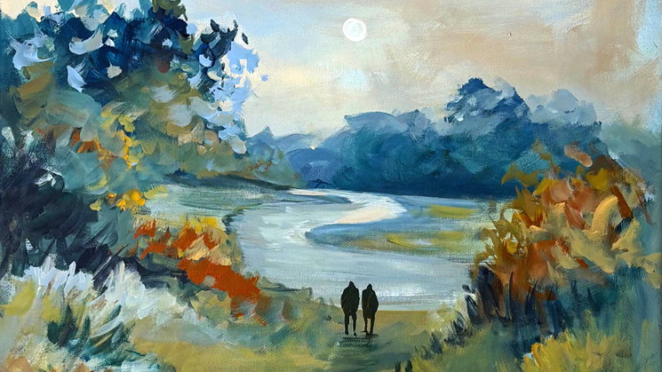 zwei personen blicken auf einen stillen Fluß