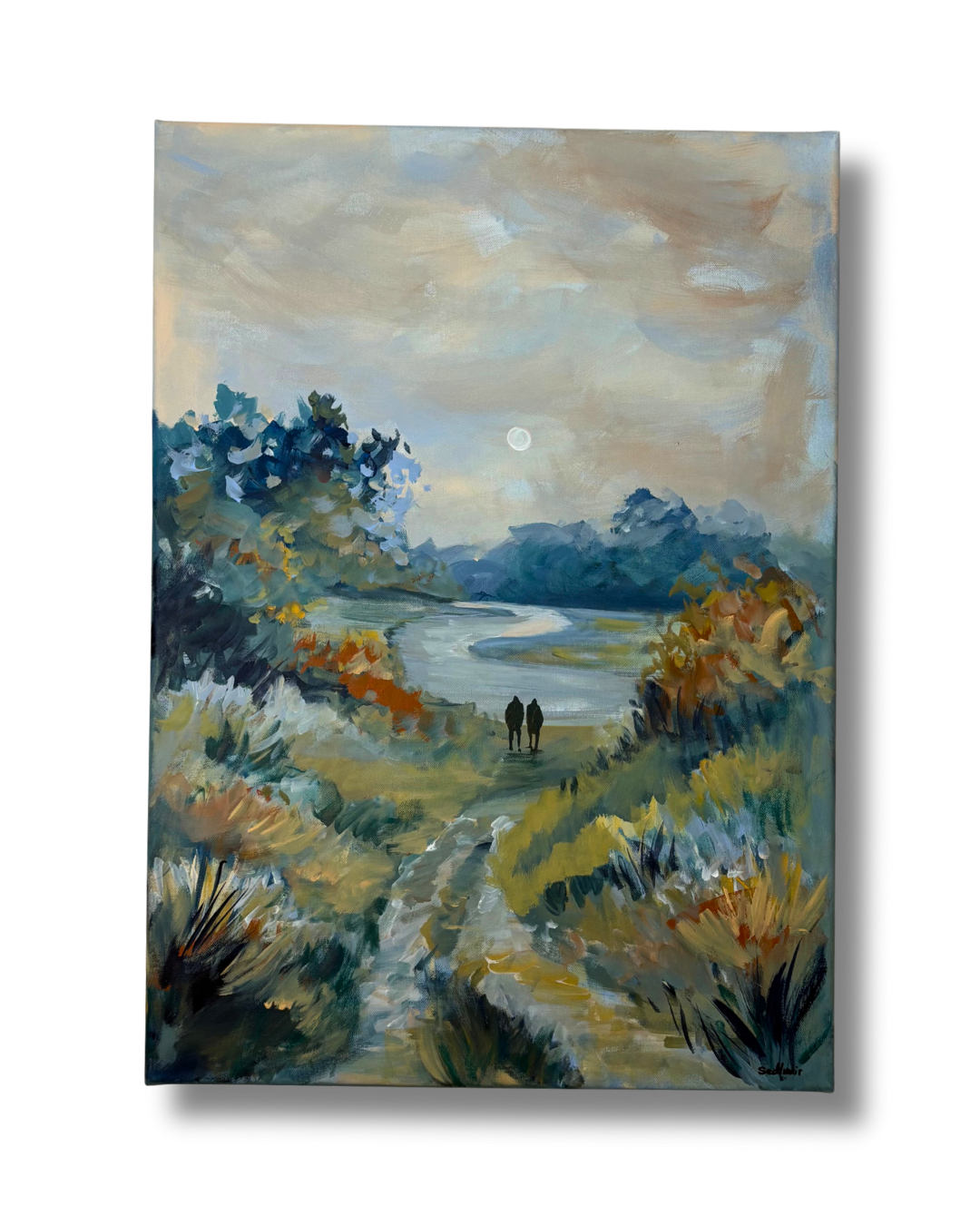 Landschaf mit zwei silhouetten. ruhiger fluss, Natur. Stille, Abendstimmung