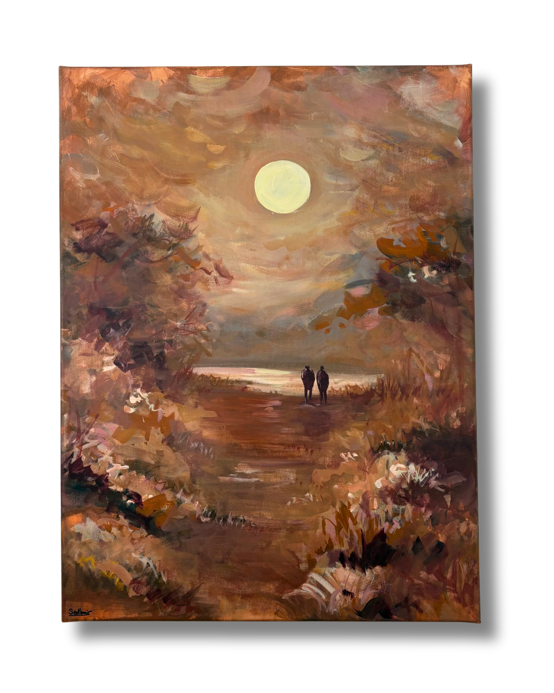 Kunstwerk, Sonnenuntergan, zwei silhouetten, See, Natur