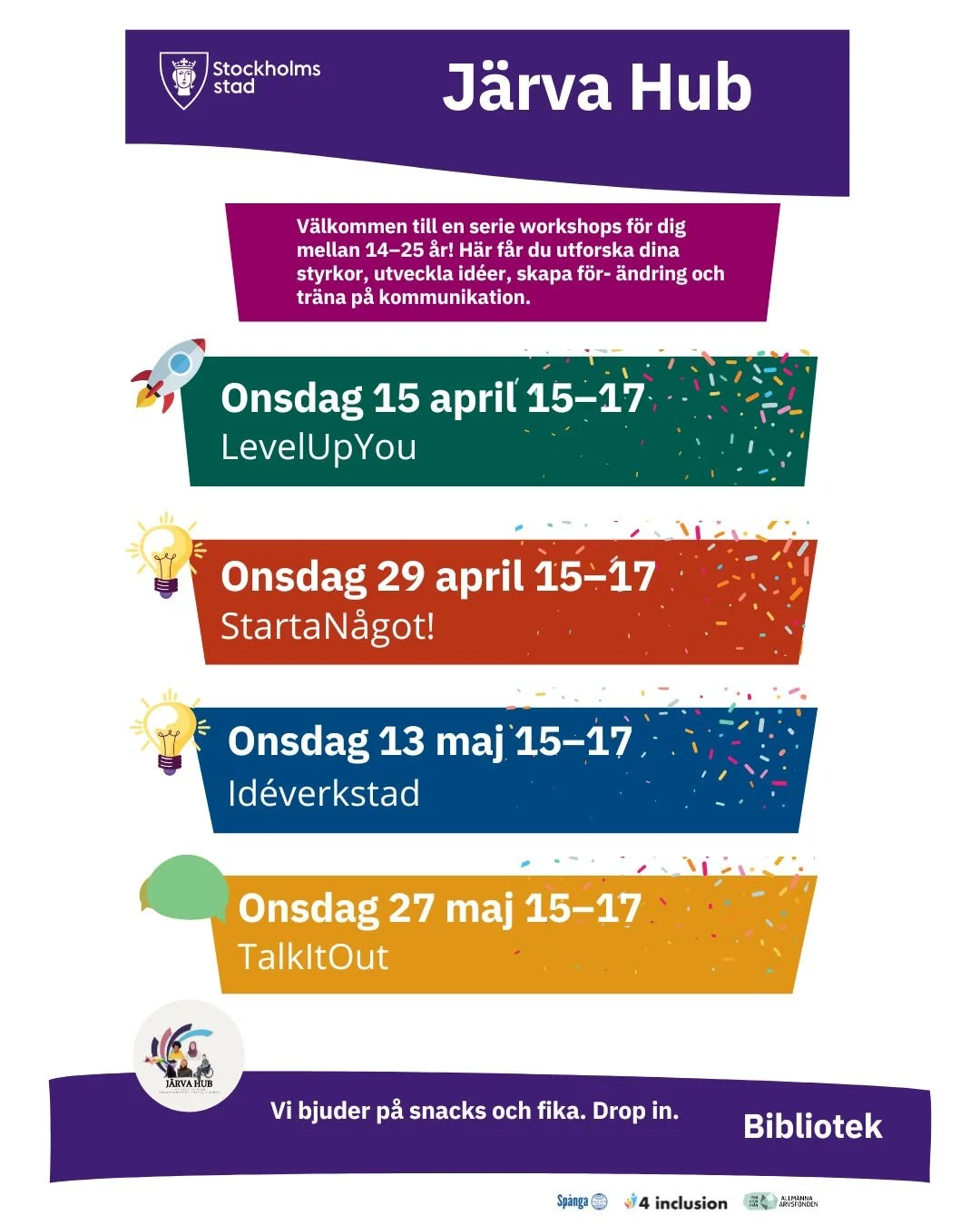 Vill du utveckla dina id&eacute;er, bli b&auml;ttre p&aring; att kommunicera och tr&auml;ffa nya m&auml;nniskor? Kom p&aring; v&aring;ra workshops i samverkan med @kistabibliotek 💡

📅 Datum:
✨ 15 april &ndash; LevelUpYou
✨ 29 april &ndash; StartaN&