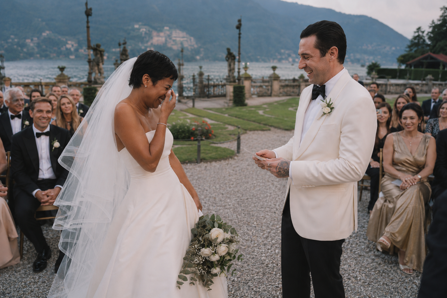 Emotional outdoor wedding ceremony at Villa Sola Cabiati in Lake Como with the couple exchanging vows in front of guests and lake views during a documentary-style destination wedding.