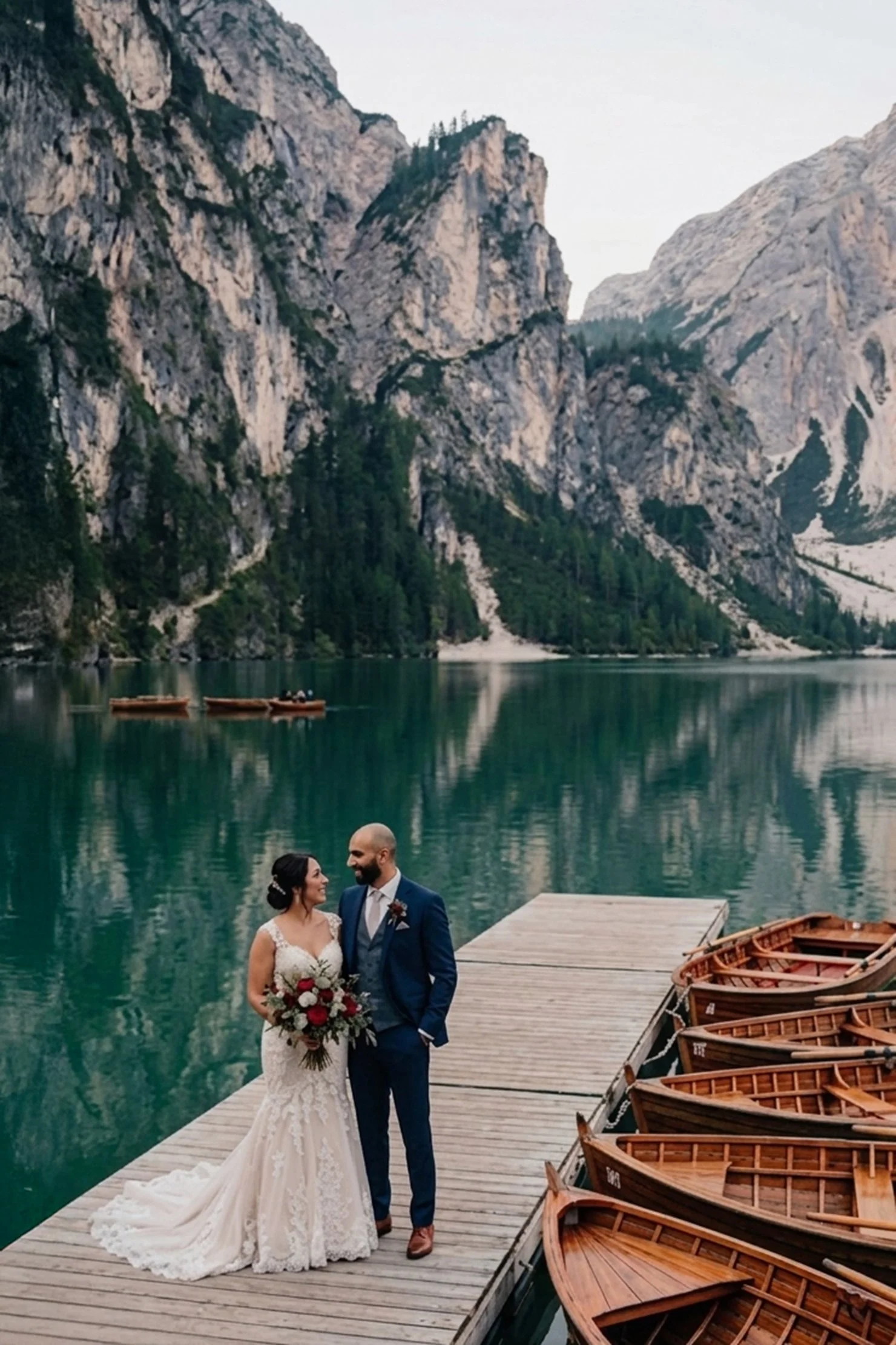 A couple dressed in wedding attire standing on a wooden dock by a scenic lake with mountains and trees in the background. The bride is holding a bouquet of flowers.