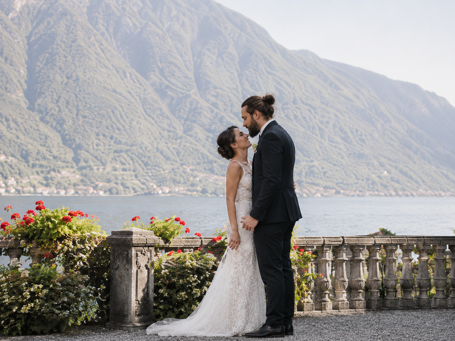 Grand Hotel Tremezzo wedding portraits overlooking Lake Como terrace and mountains