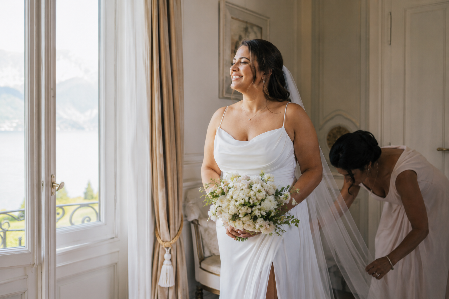 Lake Como bride getting ready at elegant villa, bridesmaid adjusting veil, natural documentary wedding moment, soft morning light, modern bridal portrait, cinematic destination wedding photography