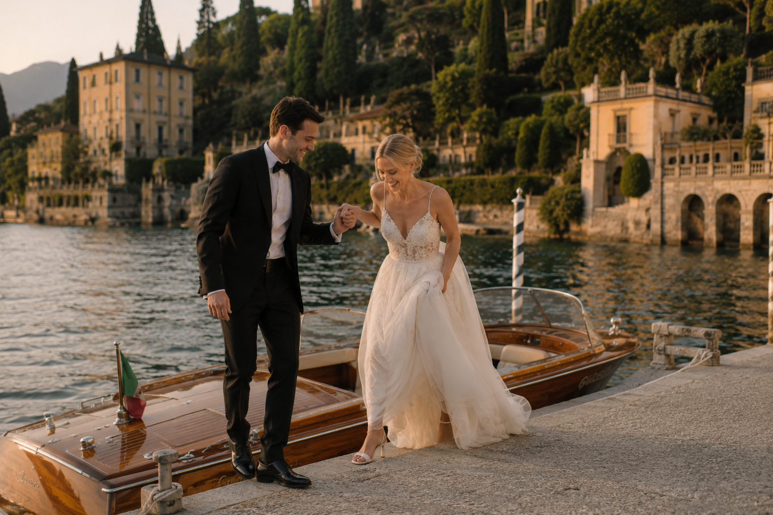 Bride and groom arriving by classic wooden boat at Villa del Balbianello on Lake Como, cinematic destination wedding photography in Italy