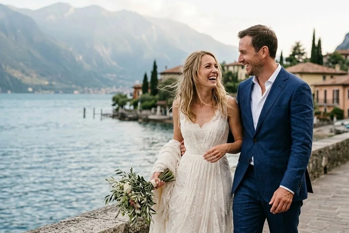 Bride and groom walking by lake garda smiling and having fun, with italian village and dolomites in the background
