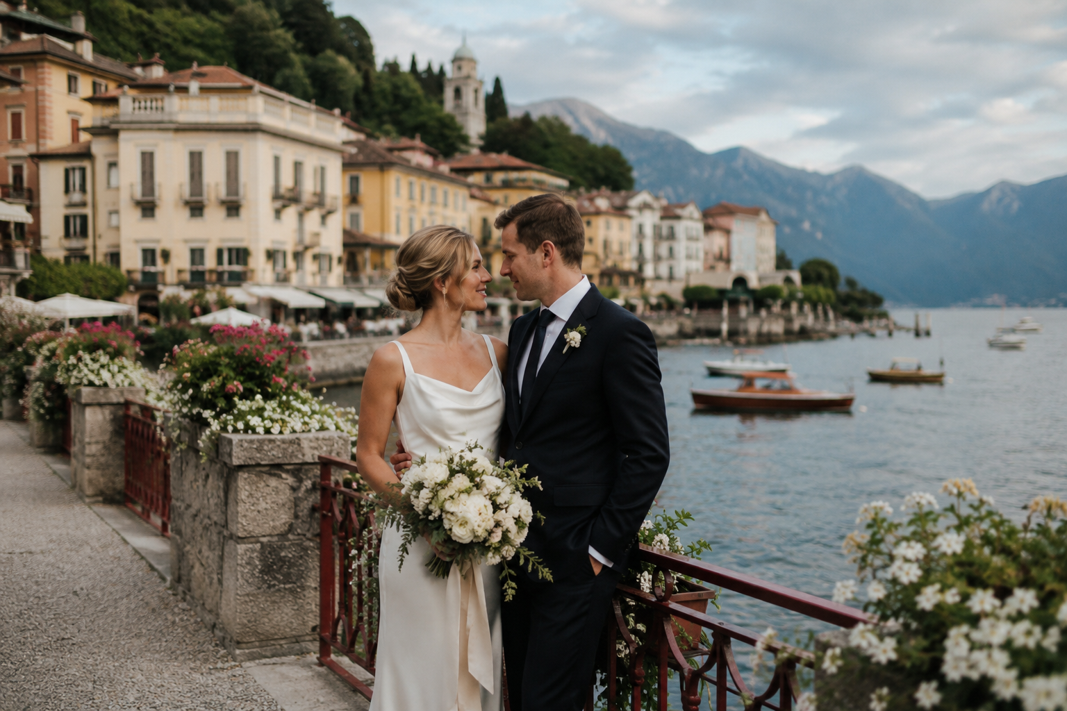 Bride and groom by the waterfront in Bellagio, Lake Como, with dramatic mountain views, elegant Italian architecture and boats on the lake, cinematic documentary-style destination wedding photography in Northern Italy.