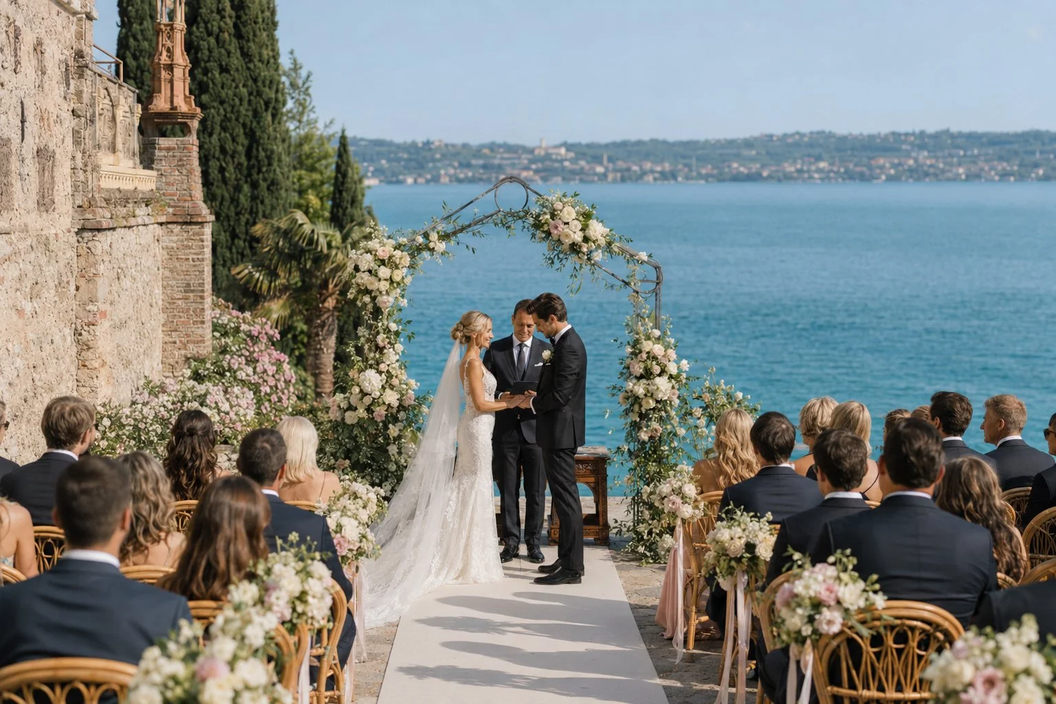Lake Garda wedding ceremony at a historic Italian villa with floral arch overlooking the lake, guests seated during an intimate outdoor destination wedding ceremony in Northern Italy.