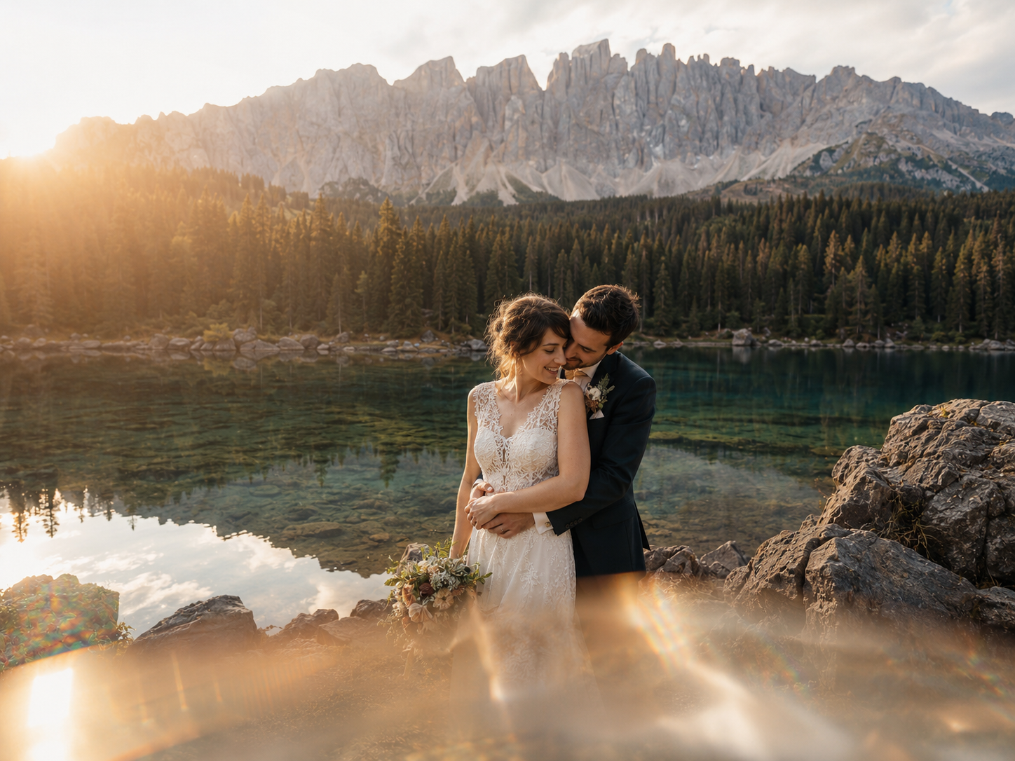 Bride and groom embracing by Lago di Carezza during sunset, with the Latemar mountains reflected in the alpine lake. Natural cinematic wedding photography in the Dolomites with warm light, forest scenery and emotional documentary style.