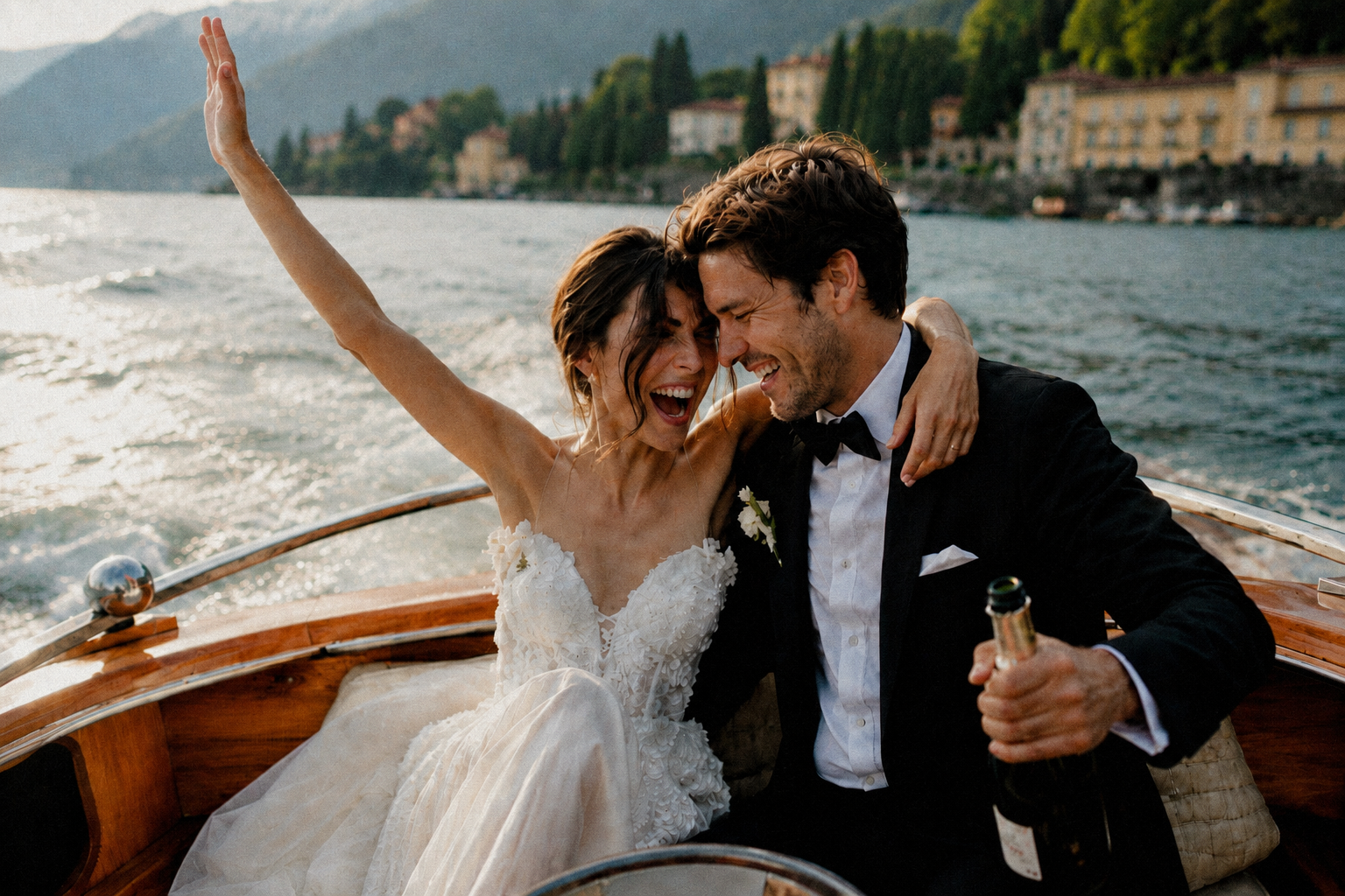 Happy bride and groom celebrating on a classic wooden boat on Lake Como, surrounded by mountain views and elegant lakeside villas, candid cinematic wedding photography with natural movement and emotional documentary-style atmosphere in Italy.