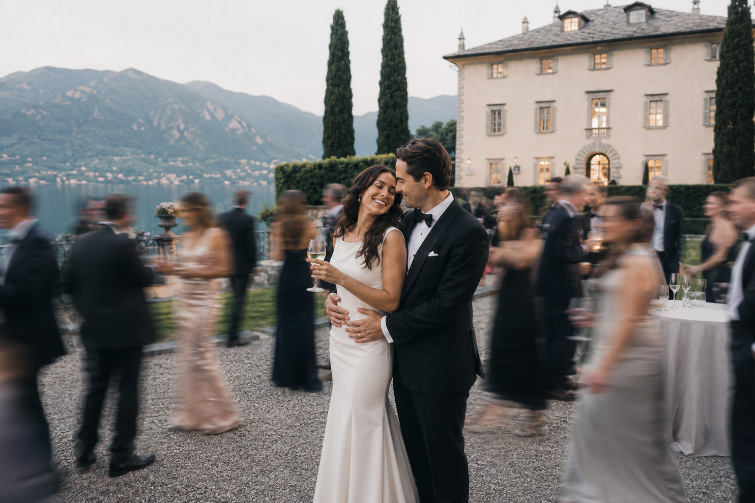 Bride and groom embracing during cocktail hour at Villa Balbiano with cinematic motion blur of wedding guests and Lake Como in the background.