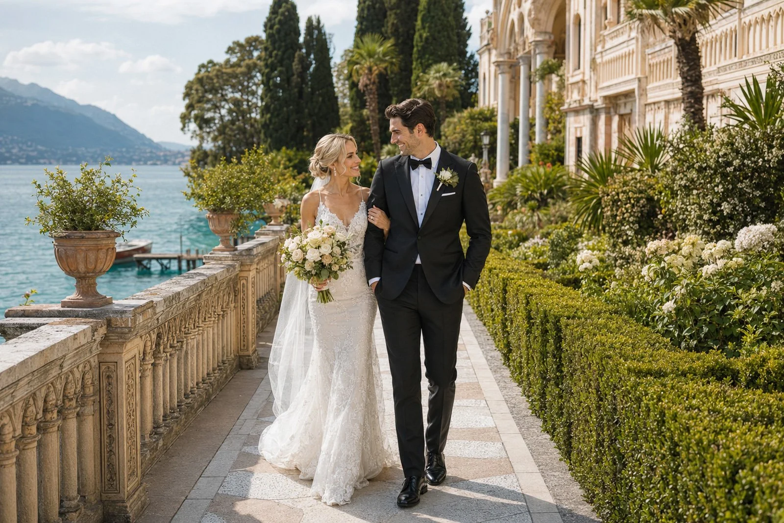Bride and groom walking along a lakeside villa in Lake Garda, luxury destination wedding photography with elegant Italian lake views