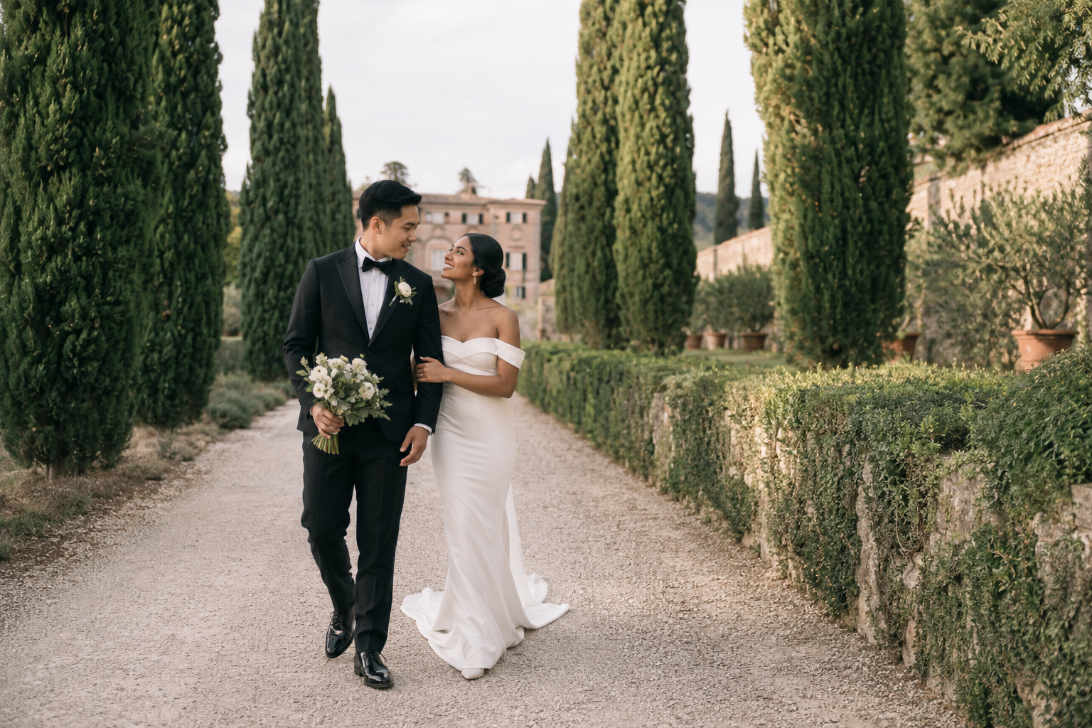 Bride and groom walking through the iconic cypress-lined avenue at Villa Cetinale during their destination wedding in Tuscany.