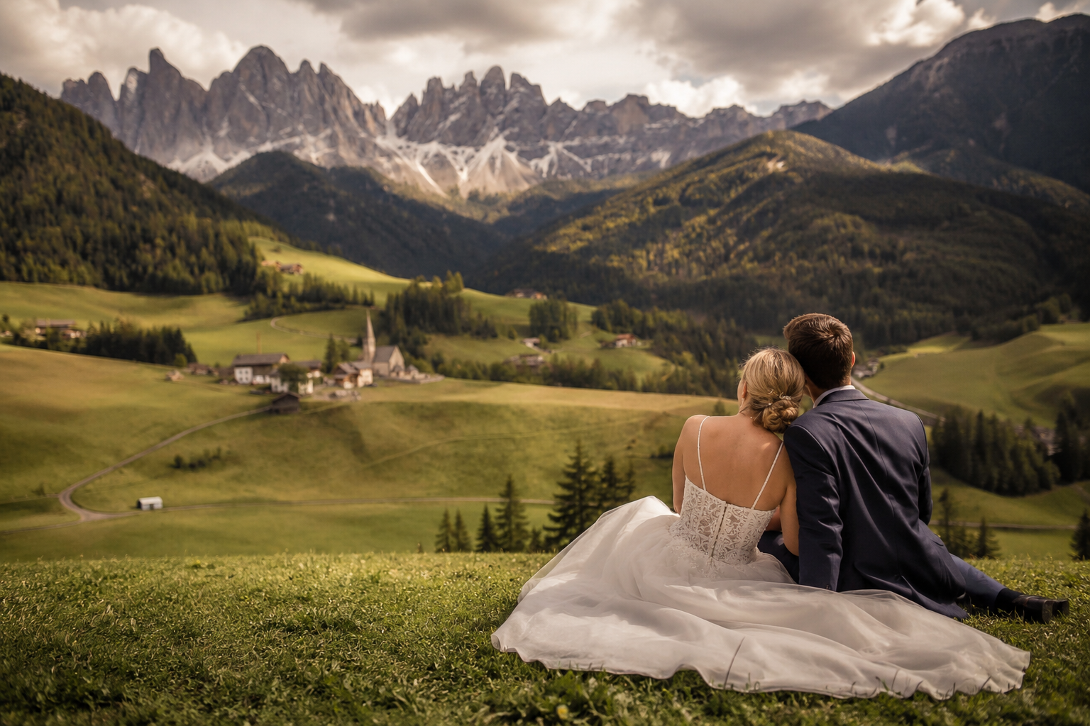 Val di Funes wedding couple sitting on alpine meadow overlooking the Odle peaks in the Dolomites during golden hour, cinematic documentary wedding photography with natural emotion and dramatic mountain landscape in South Tyrol Italy.