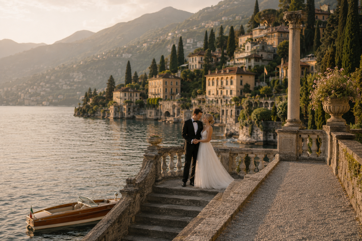 Lake Como wedding photography with elegant couple, lakeside villas and cinematic sunset views