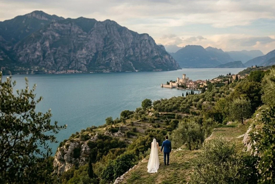 wide open shot of a wedding couple looking at italian village and lake como