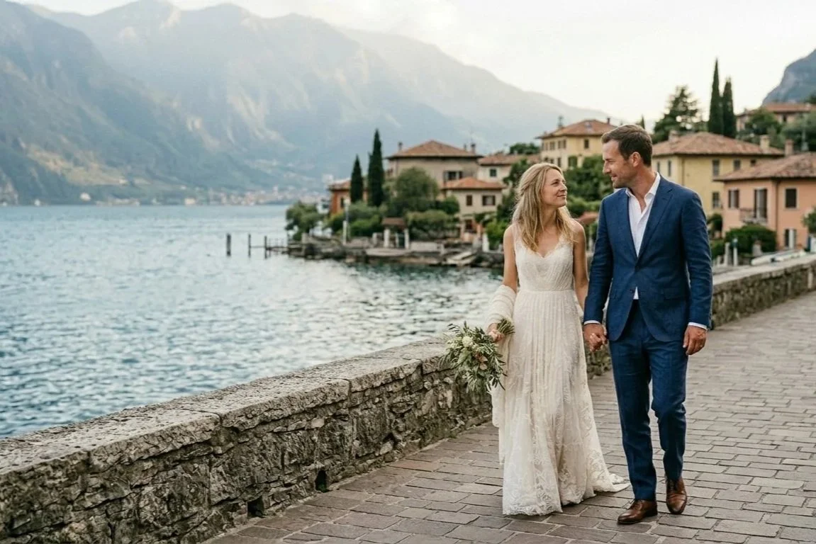bride and groom walking hand in hand, smiling at each other, with an italian villa, lake como and the mountains on the background