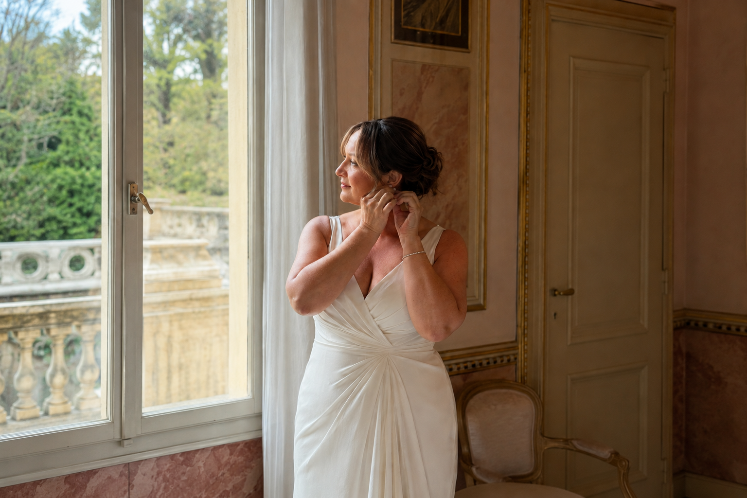Bride getting ready near the window inside Villa Pizzo with soft natural light and lake views in the background.