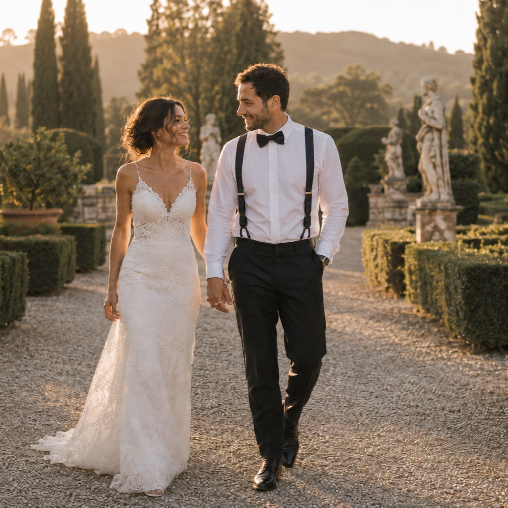 Bride and groom walking through the gardens of a Tuscany villa at golden hour, surrounded by cypress trees and Italian countryside scenery in a relaxed cinematic wedding photography style.
