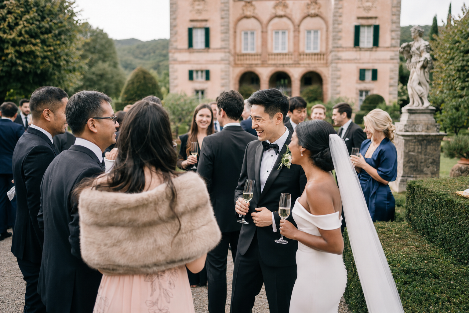 Guests mingling with the bride and groom during the aperitivo at Villa Cetinale, Tuscany destination wedding.