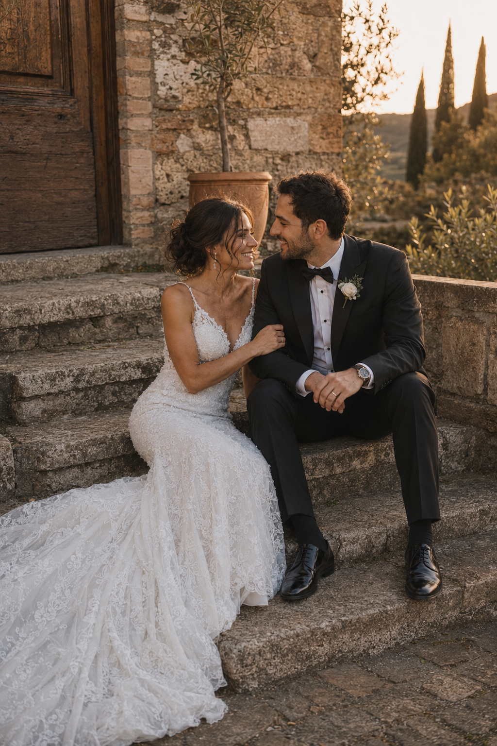 Bride and groom sitting on rustic stone steps at a Tuscany villa during golden hour, sharing an intimate moment surrounded by the Italian countryside in a cinematic documentary wedding photography style.