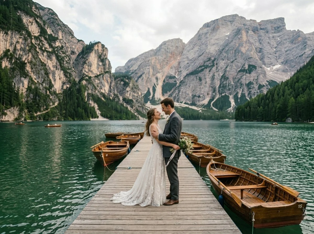 Bride and groom on a wooden dock at Lago di Braies in the Dolomites, Italy