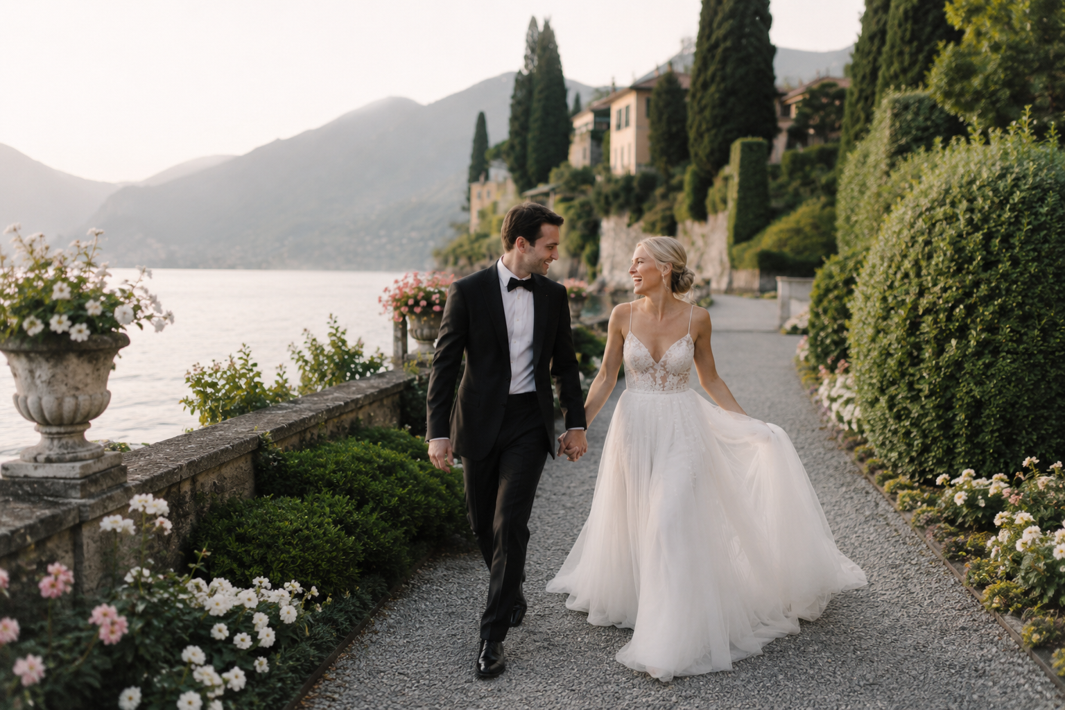 Lake Como wedding photography with elegant bride and groom by the lake in Northern Italy