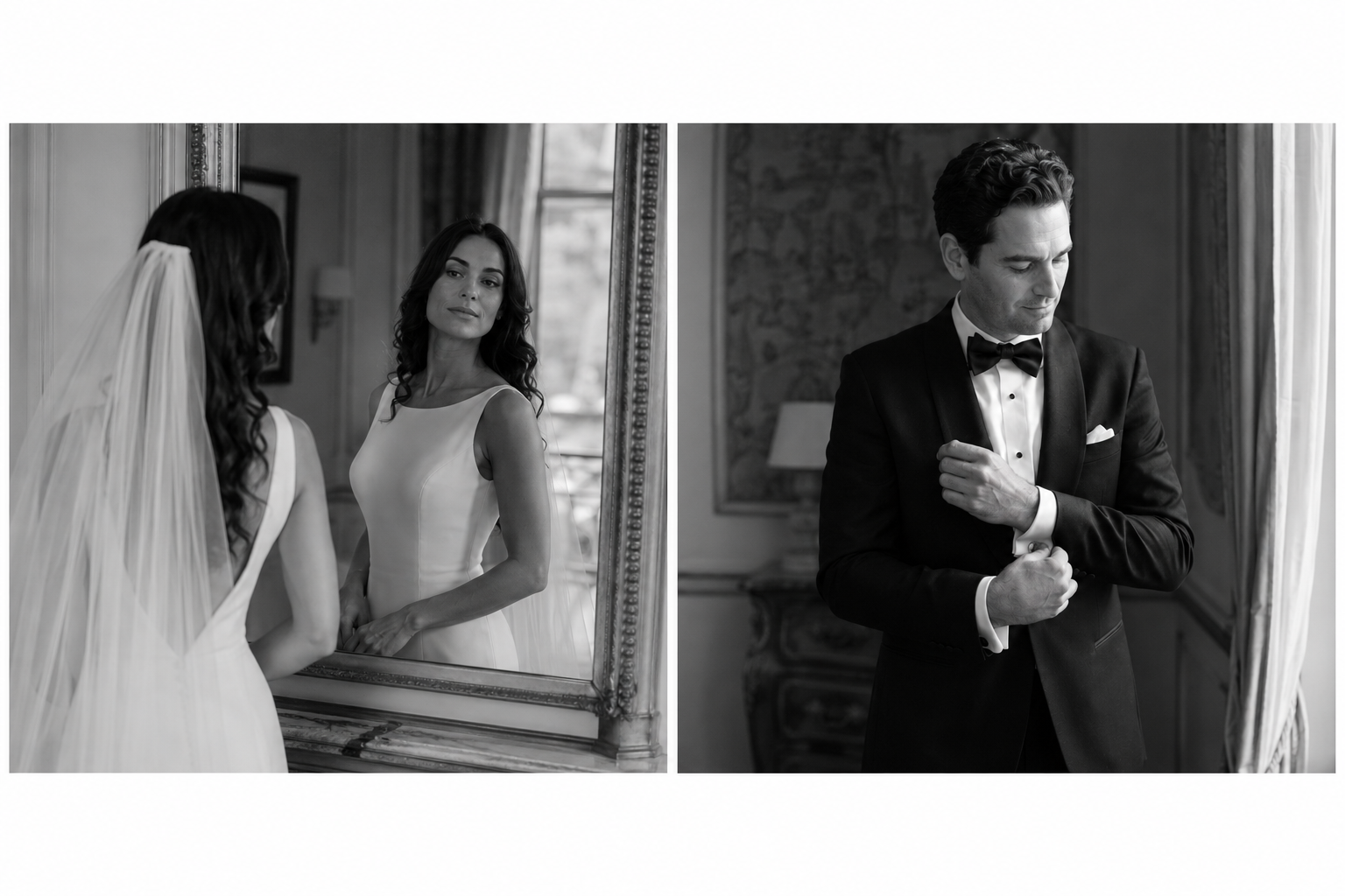 Black and white wedding getting ready photos inside Villa Balbiano with bride looking into mirror and groom adjusting tuxedo cuffs in separate cinematic frames.