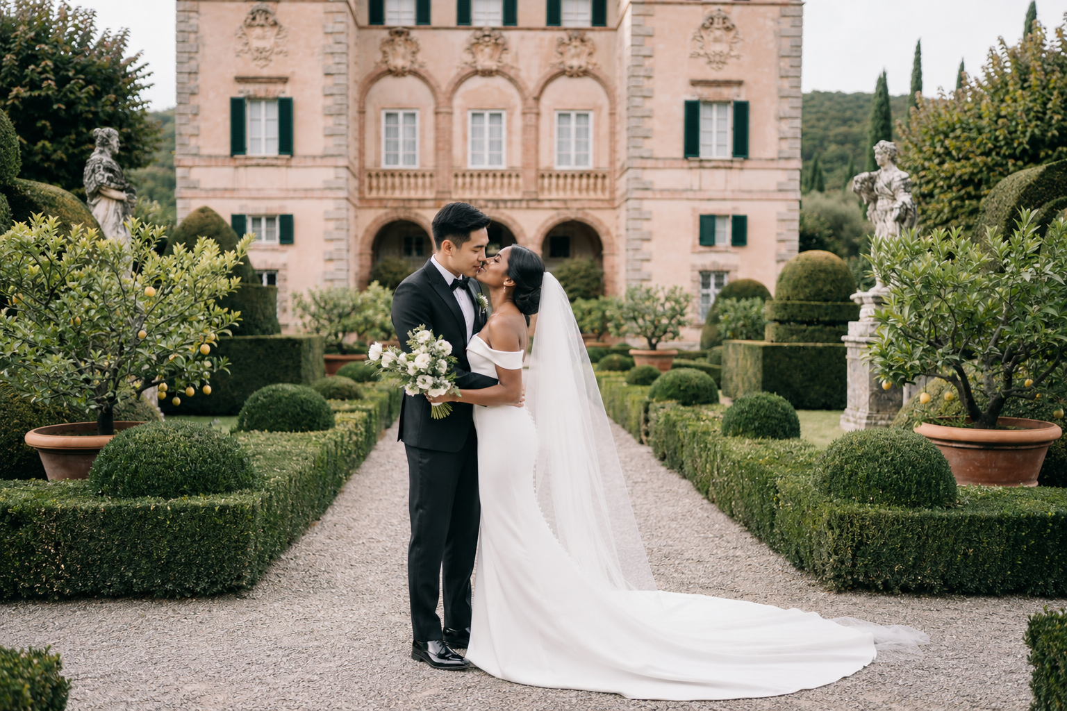 Bride and groom embracing in the formal gardens of Villa Cetinale during a luxury destination wedding in Tuscany, Italy.