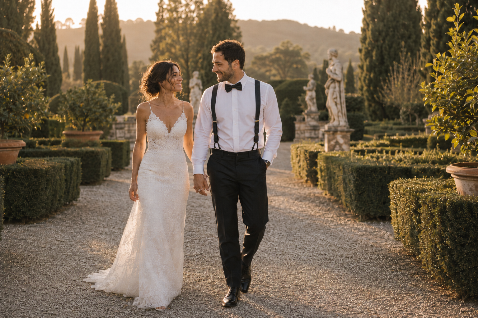 Bride and groom walking hand in hand in a garden at sunset, dressed in wedding attire; the bride in a lace wedding gown and the groom in a white shirt with suspenders and a bowtie.