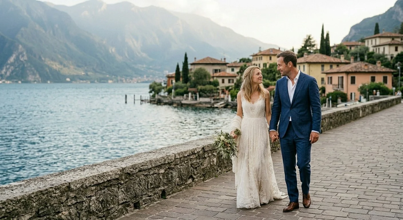 Bride and groom walking hand in hand along the Lake Garda waterfront, with mountain views, historic villas, and a romantic lakeside setting.