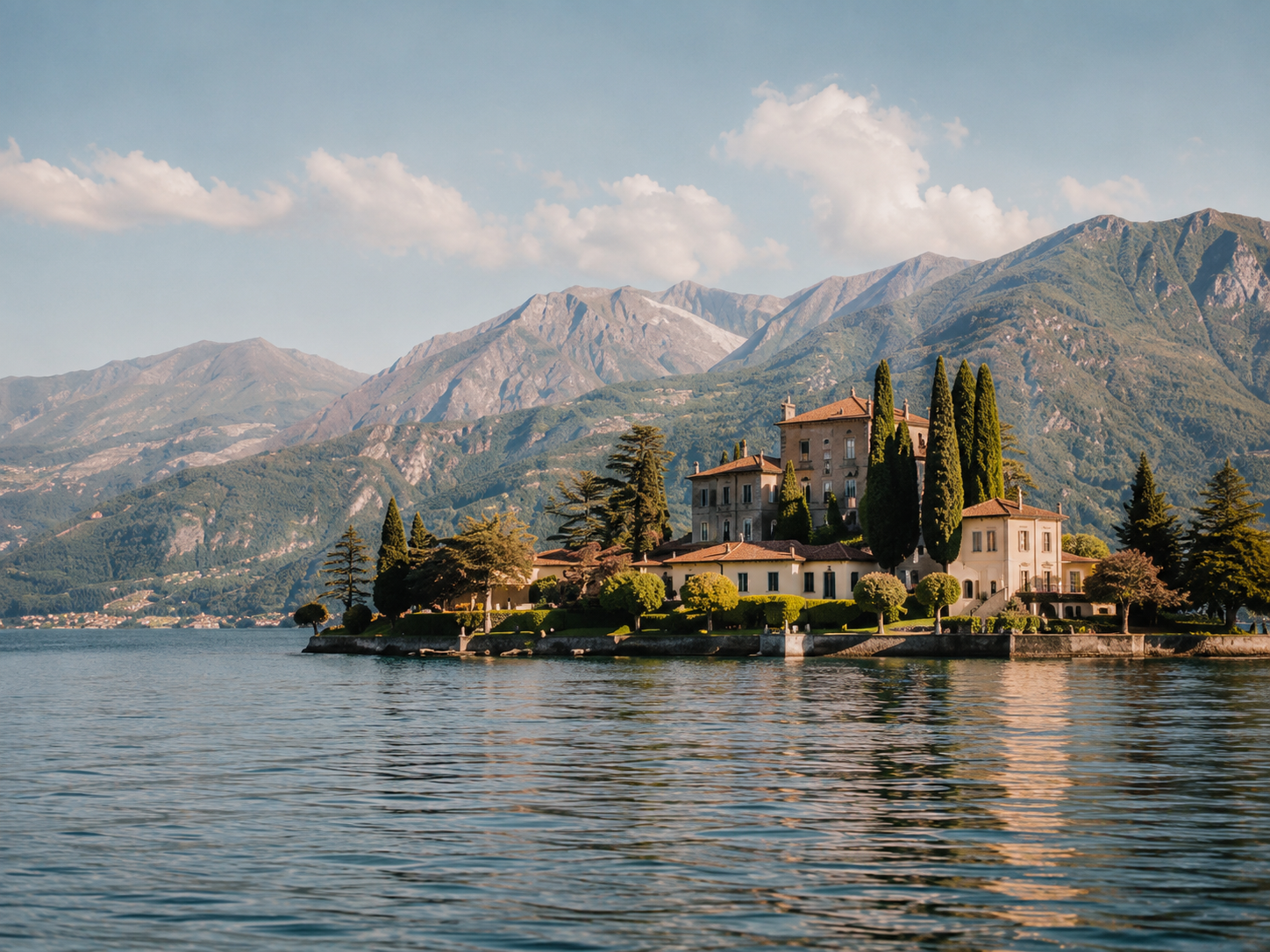 Lakeside destination wedding ceremony setup in Italy with mountain views