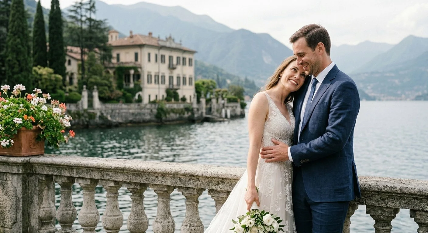 Bride and groom during a Lake Garda wedding photoshoot, with historic villa, lakefront, and mountain views.