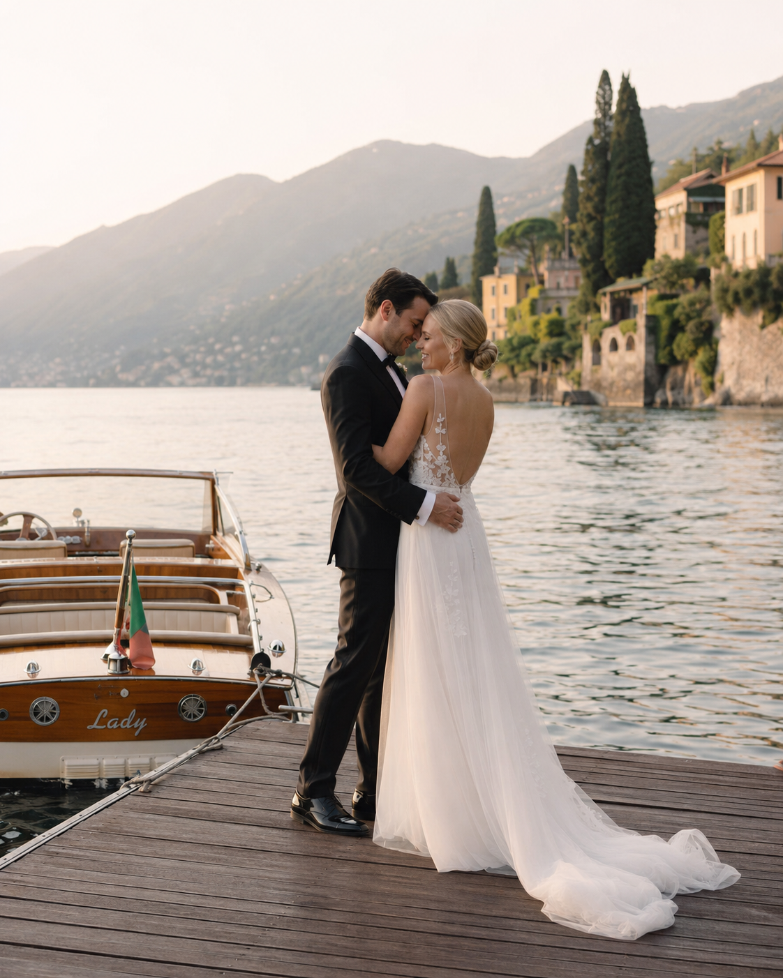 Lake Como wedding photography with elegant bride and groom, Italian villas and sunset lake views