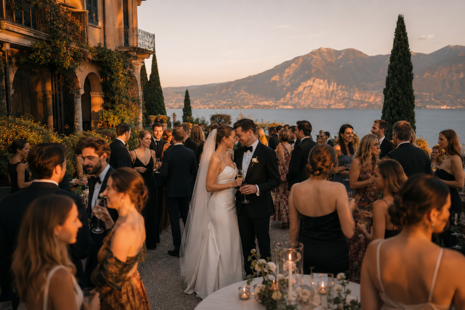 Bride and groom enjoying aperitivo with guests during a luxury Lake Garda wedding overlooking the lake at sunset.