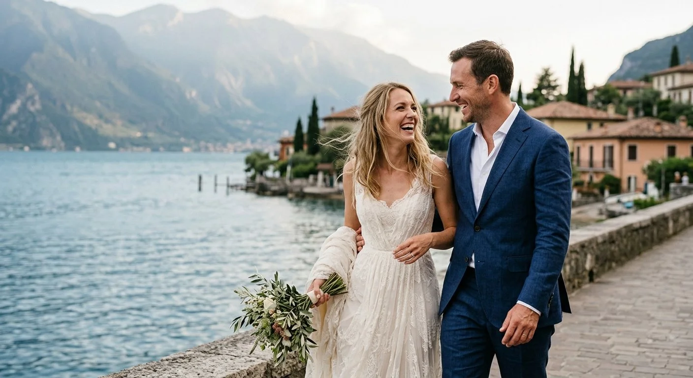 Romantic wedding couple walking along a lakeside promenade in Lake Garda, surrounded by timeless villas and soft mountain scenery.