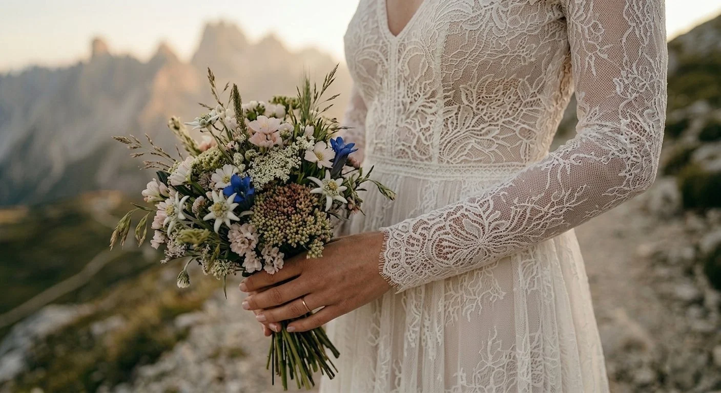 Bride holding bouquet during a wedding photoshoot, with mountain views and lace dress details.
