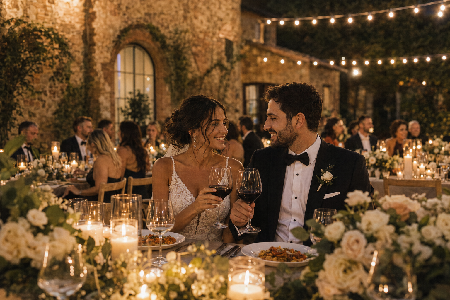 Elegant Tuscany wedding reception dinner at a romantic Italian villa with candlelit tables, string lights, and bride and groom celebrating outdoors in a cinematic documentary style.