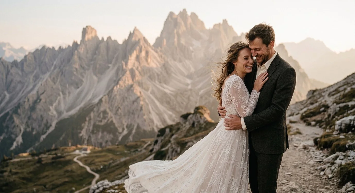 Bride and groom holding each other on a mountain cliff in the mountains, surrounded by dramatic alpine peaks and soft golden light.