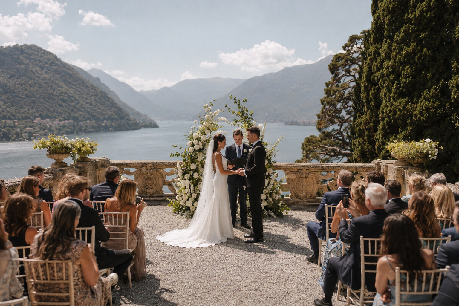 Outdoor wedding ceremony at Villa del Balbianello with panoramic Lake Como mountain views, luxury destination wedding photography in Italy