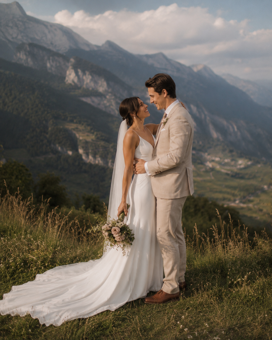 Bride and groom portrait in the Italian Alps during a Trentino wedding in Northern Italy