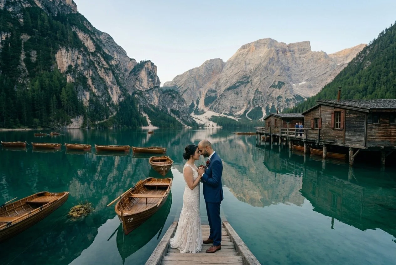 Bride and groom standing on a wooden dock beside small boats in Lake Como, surrounded by dramatic mountains and rustic lakeside cabins.