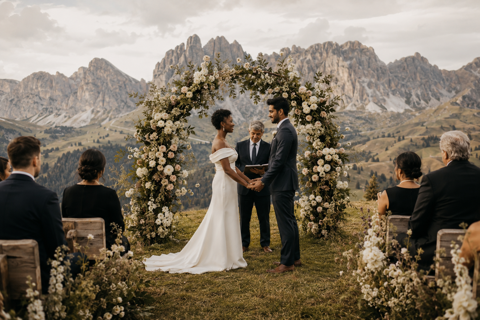 Outdoor wedding ceremony in the Dolomites with breathtaking mountain views and floral arch in Northern Italy.
